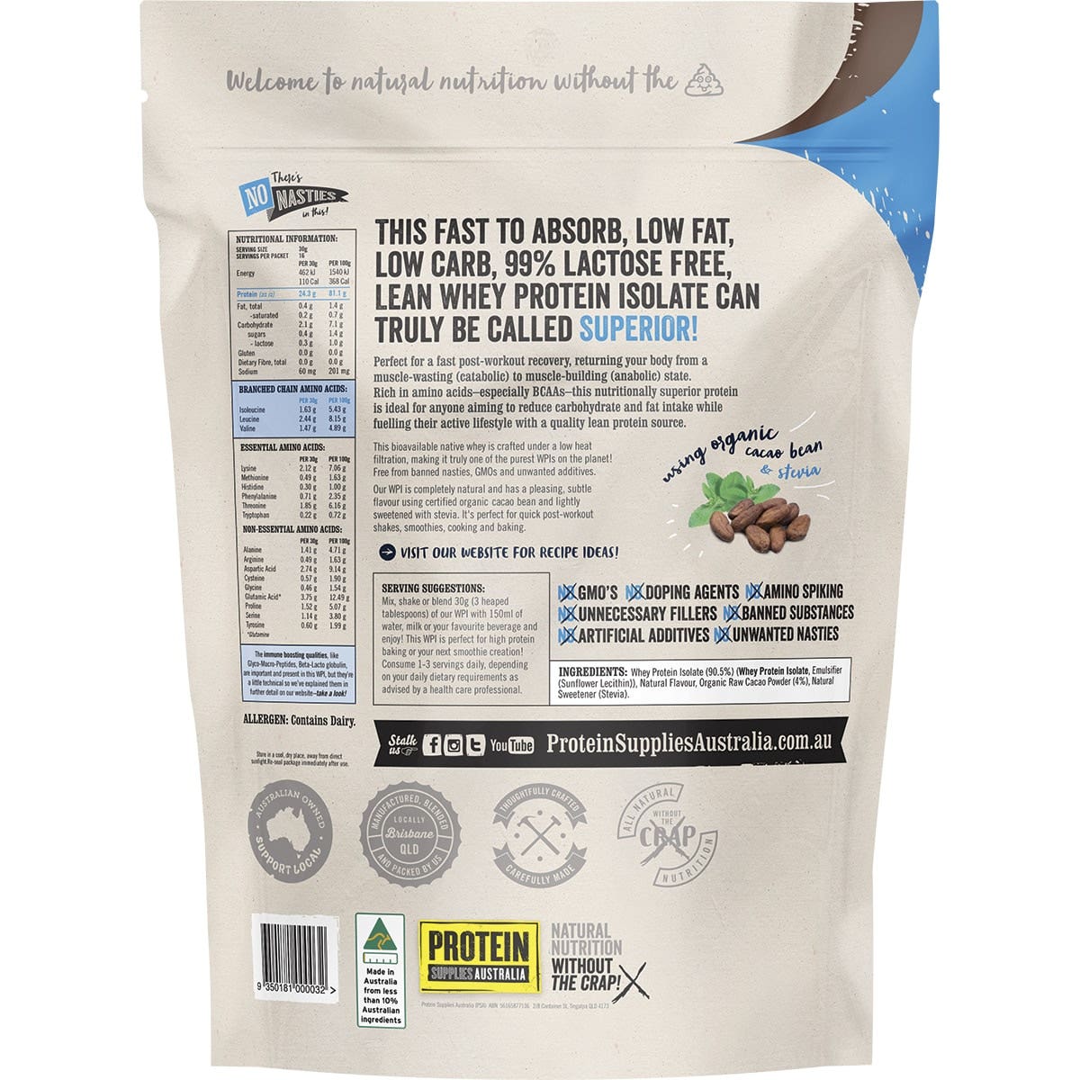 Protein Supplies Australia Protein WPI (Fast Release High Protein) Chocolate 500g