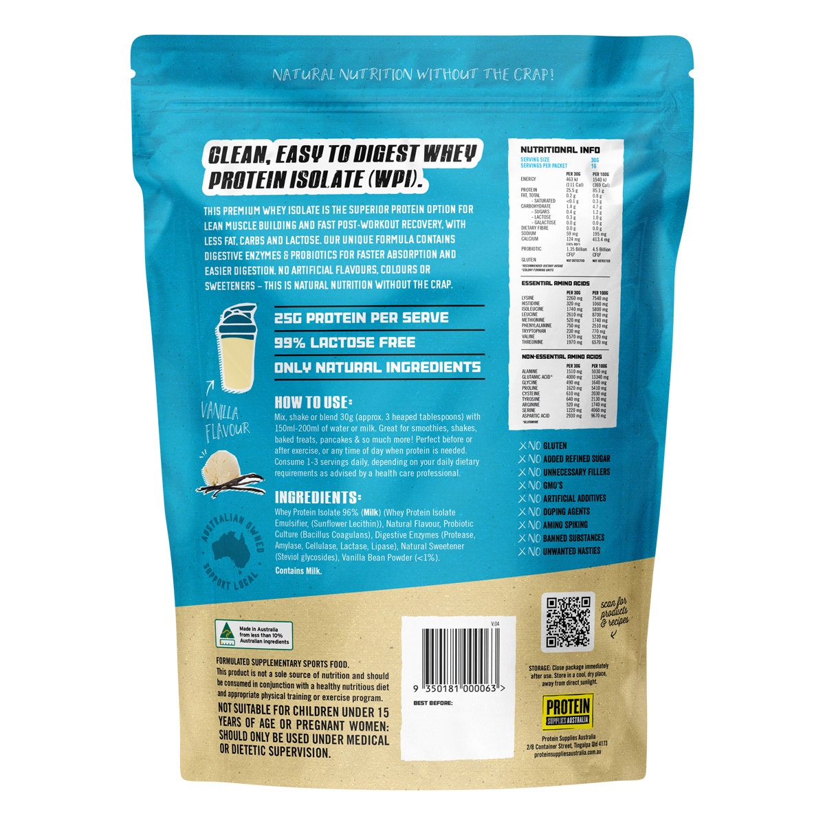 PROTEIN SUPPLIES AUSTRALIA WPI (Whey Protein Isolate) Vanilla 500g