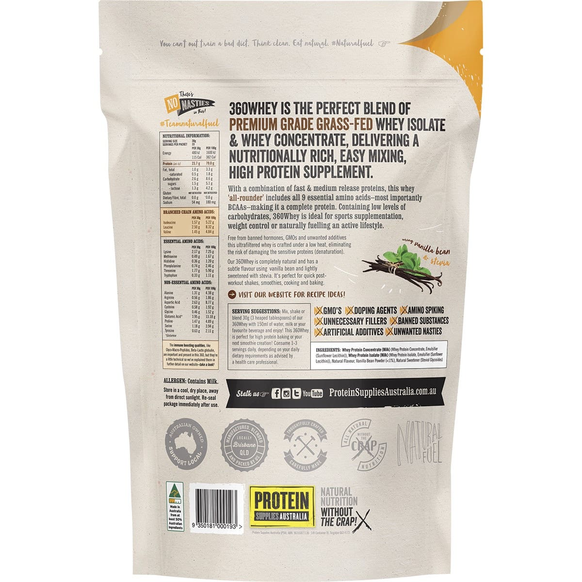 PROTEIN SUPPLIES AUSTRALIA 360Whey (WPI+WPC Combo) Vanilla Bean 1kg