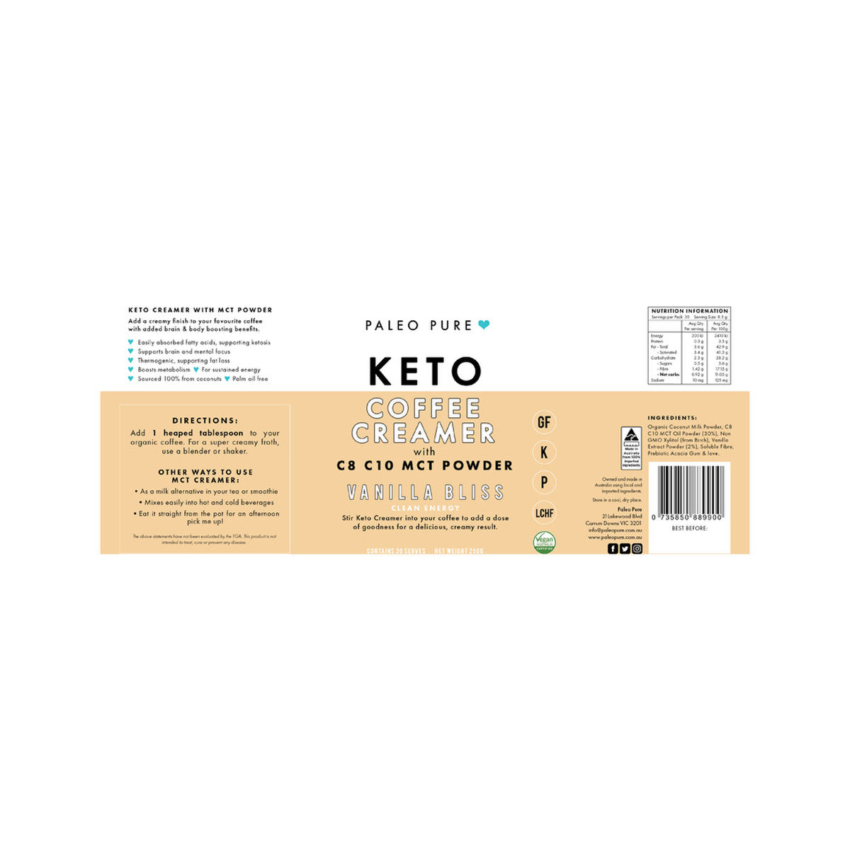 Paleo Pure Keto Coffee Creamer (with C8 C10 MCT Powder) Vanilla Bliss 250g