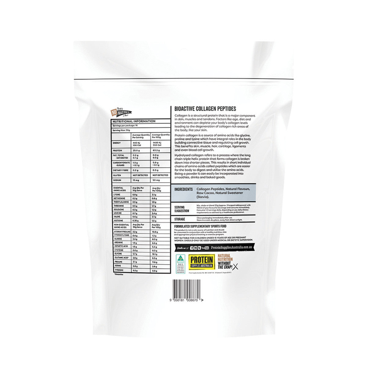 Protein Supplies Australia Collagen Peptides Chocolate 500g