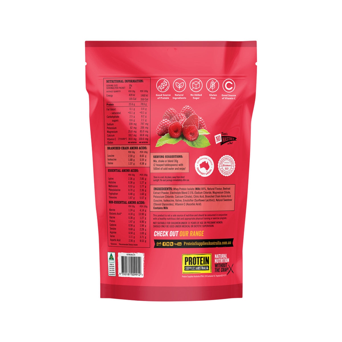 Protein Supplies Australia Protein Water (contains Electrolytes + BCAAs) Raspberry 800g
