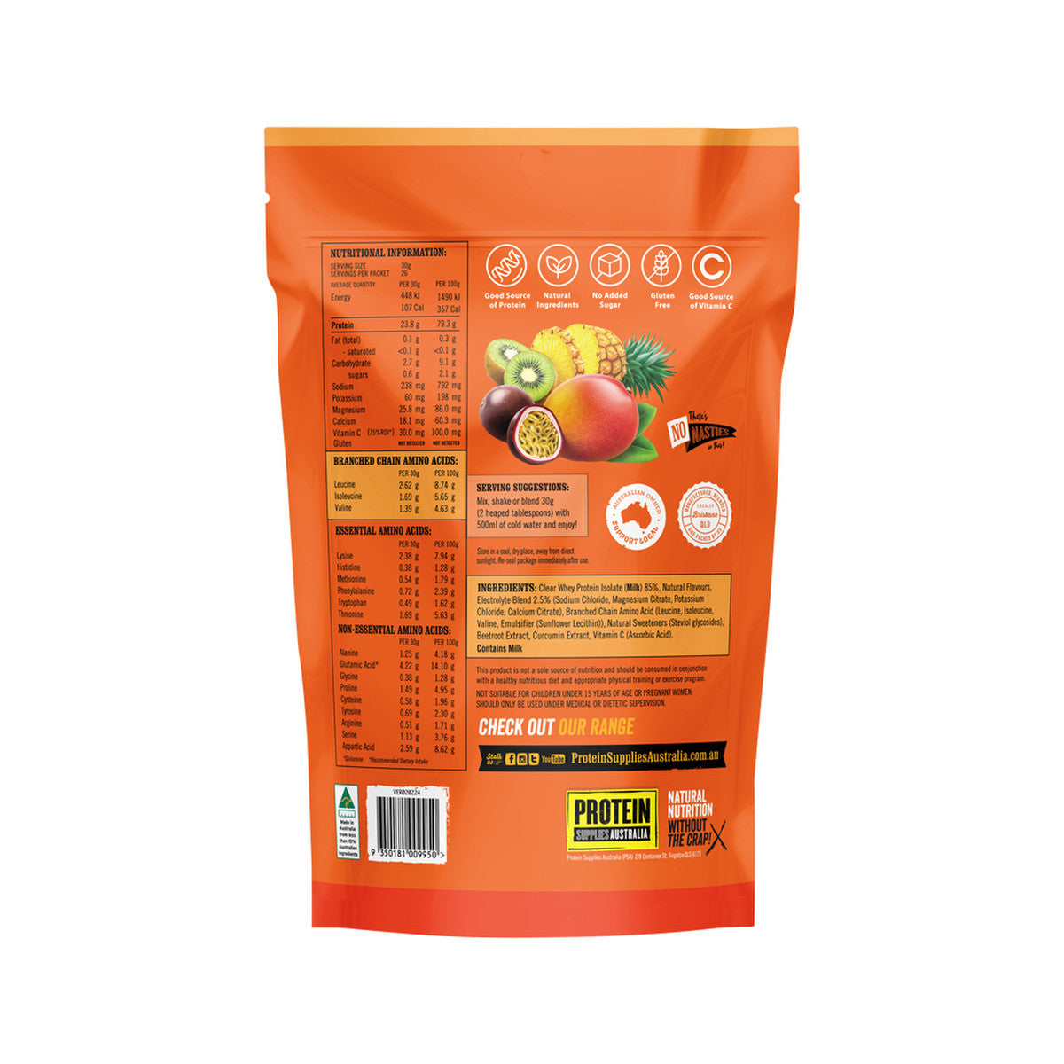 Protein Supplies Australia Protein Water (contains Electrolytes + BCAAs) Tropical Punch 800g