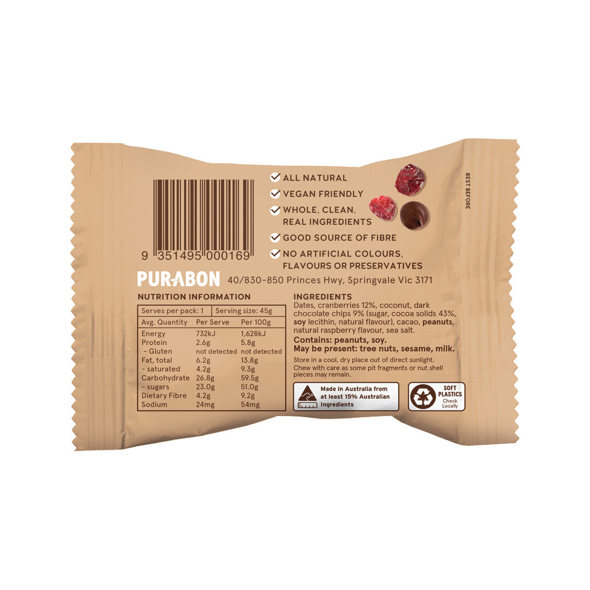 Purabon Choc Chip Balls Berry Choc Chip 45g(Pack of 12)