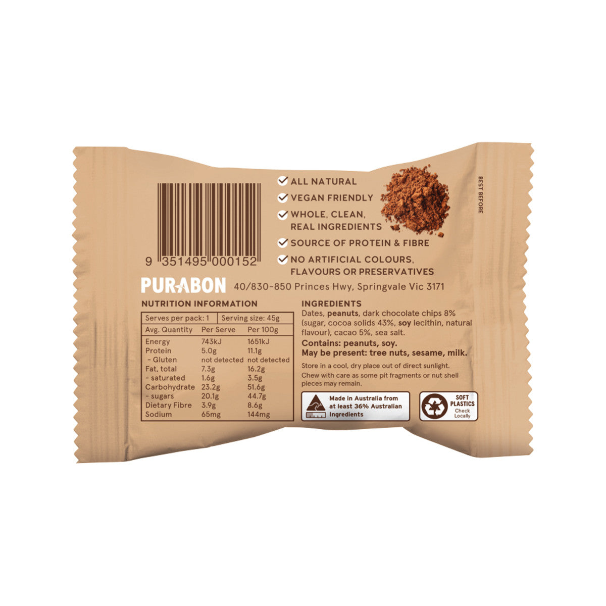 Purabon Choc Chip Balls Double Choc Chip 45g(Pack of 12)