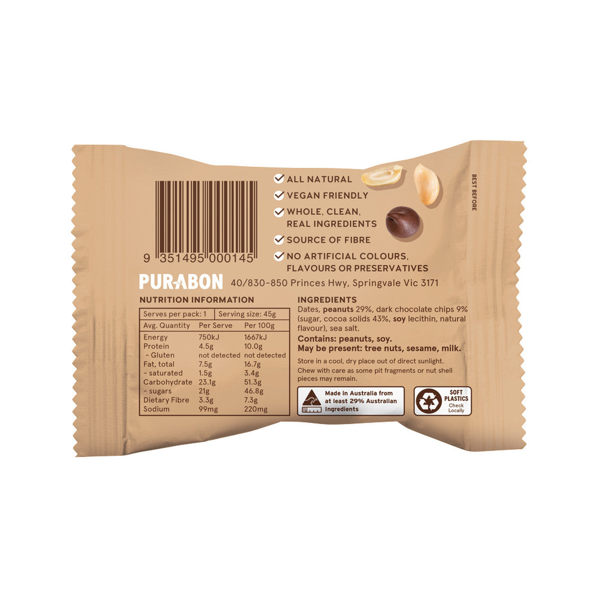 Purabon Choc Chip Balls Peanut Butter 45g(Pack of 12)