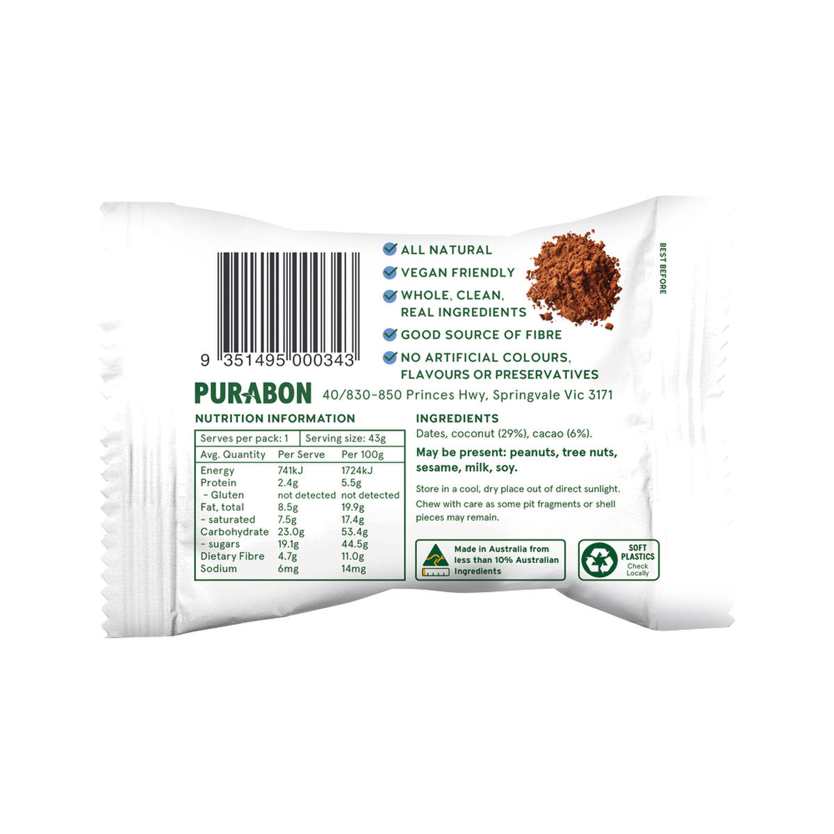 Purabon Wholefood Balls Coconut Cacao 43g(Pack of 12)