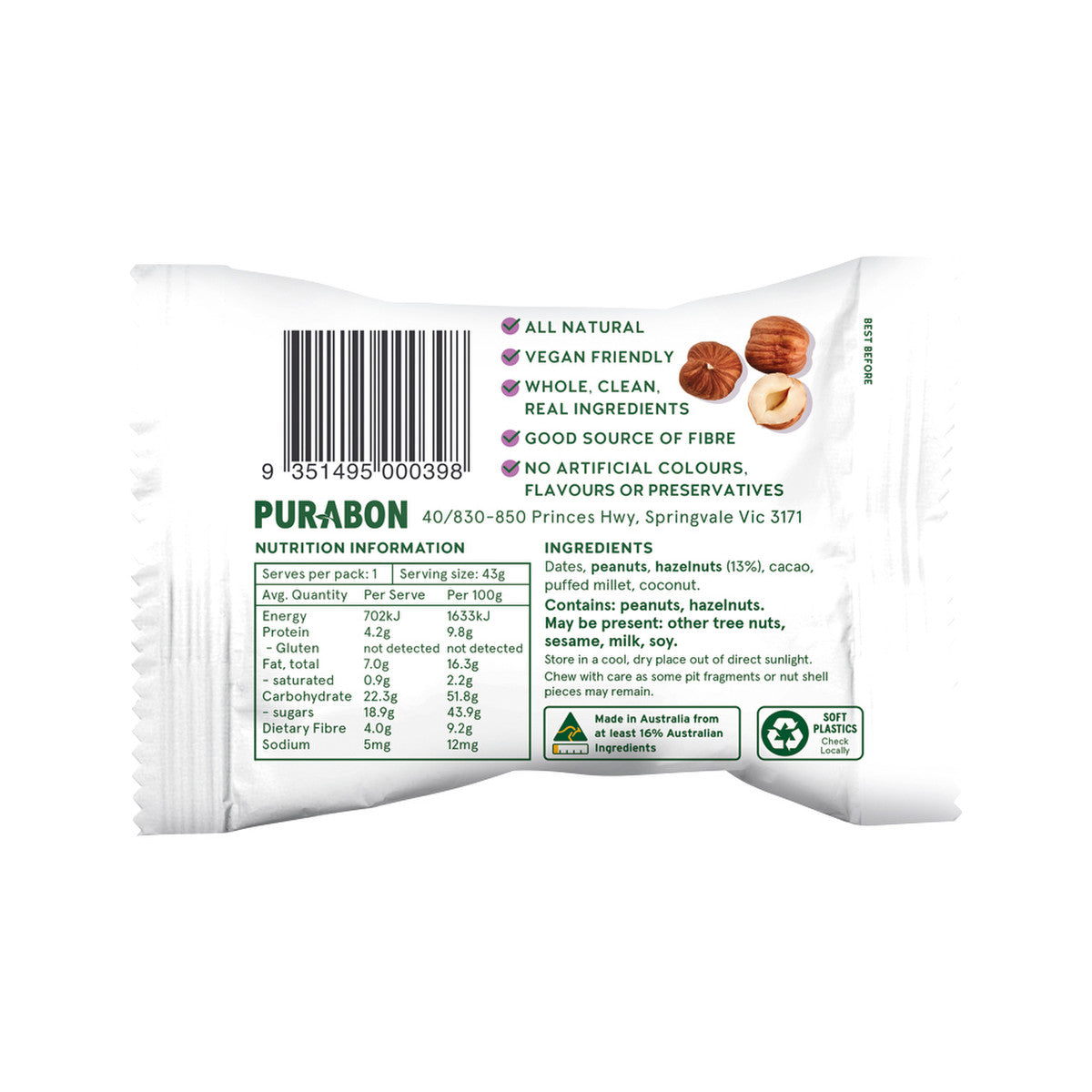 Purabon Wholefood Balls Hazelnut Cacao 43g(Pack of 12)