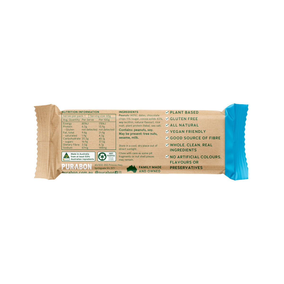 Purabon Wholefood Bar Peanut Butter Choc Chip 60g(Pack of 15)