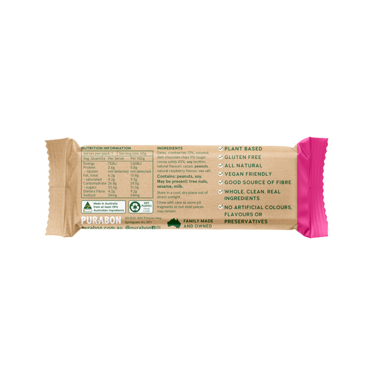 Purabon Wholefood Bar Raspberry Double Choc 60g (Pack of 15)