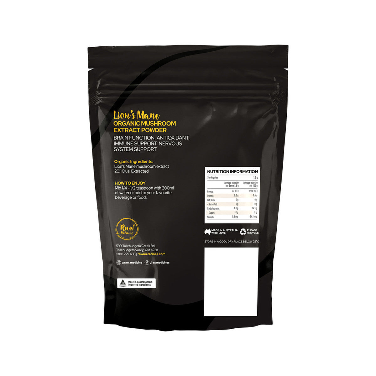 Raw Medicine Organic Mushroom Extract Lion's Mane 100g
