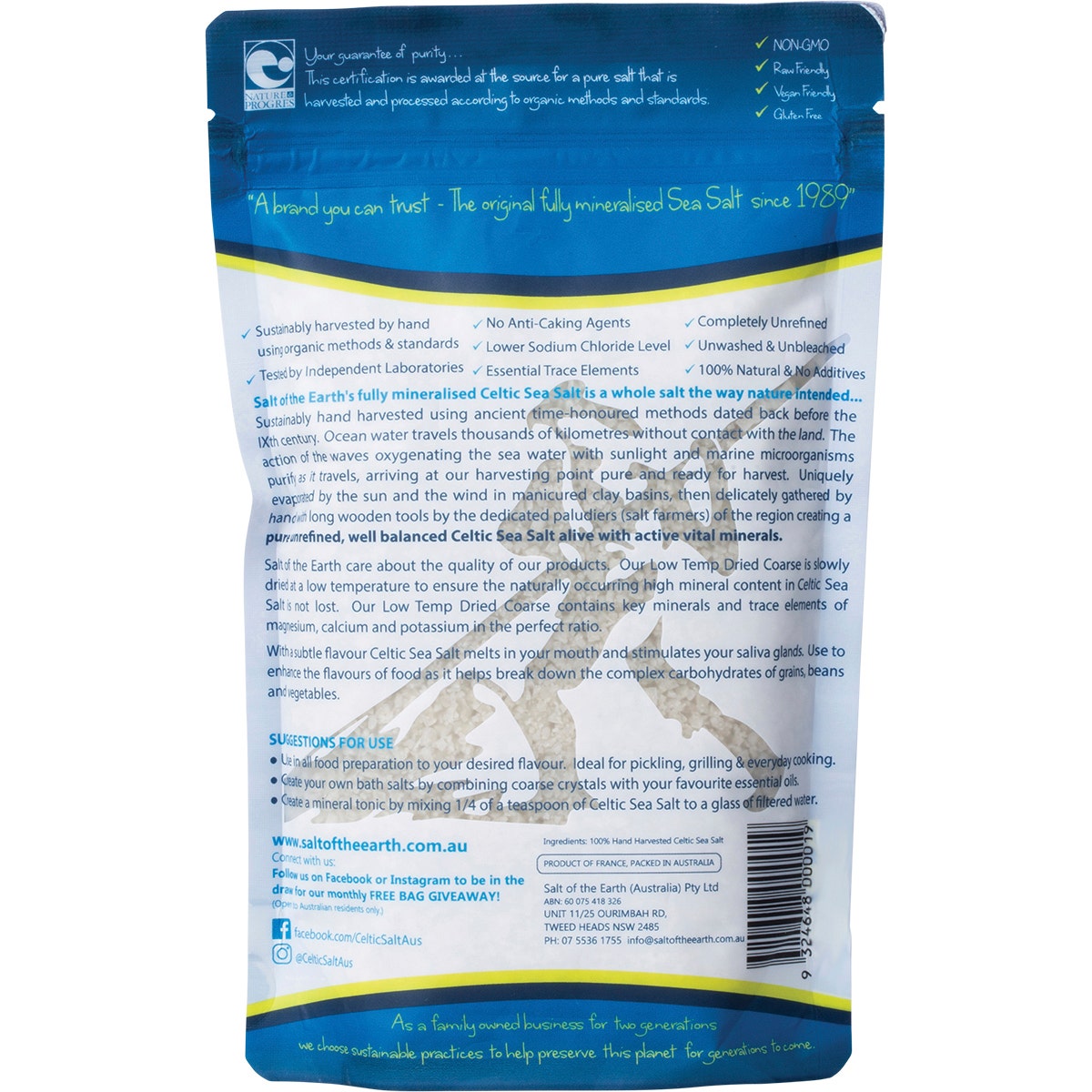 Salt Of The Earth Hand Harvested Celtic Sea Salt Pre-Dried Coarse 250g