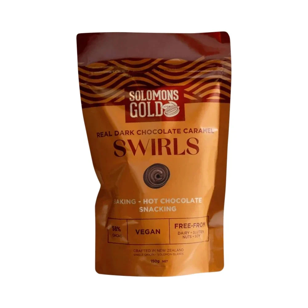 Solomons Gold Vegan Dark Chocolate Caramel Swirls 58% Cacao 150g