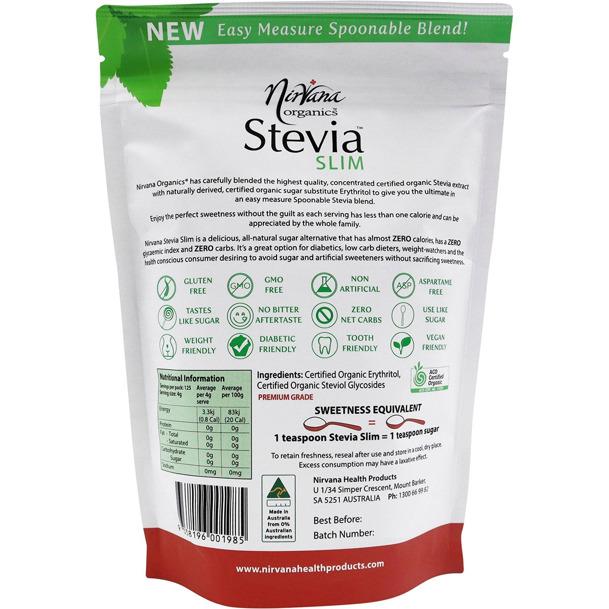 NIRVANA ORGANICS Stevia & Erythritol Sweetener Stevia Slim Spoonable 500g