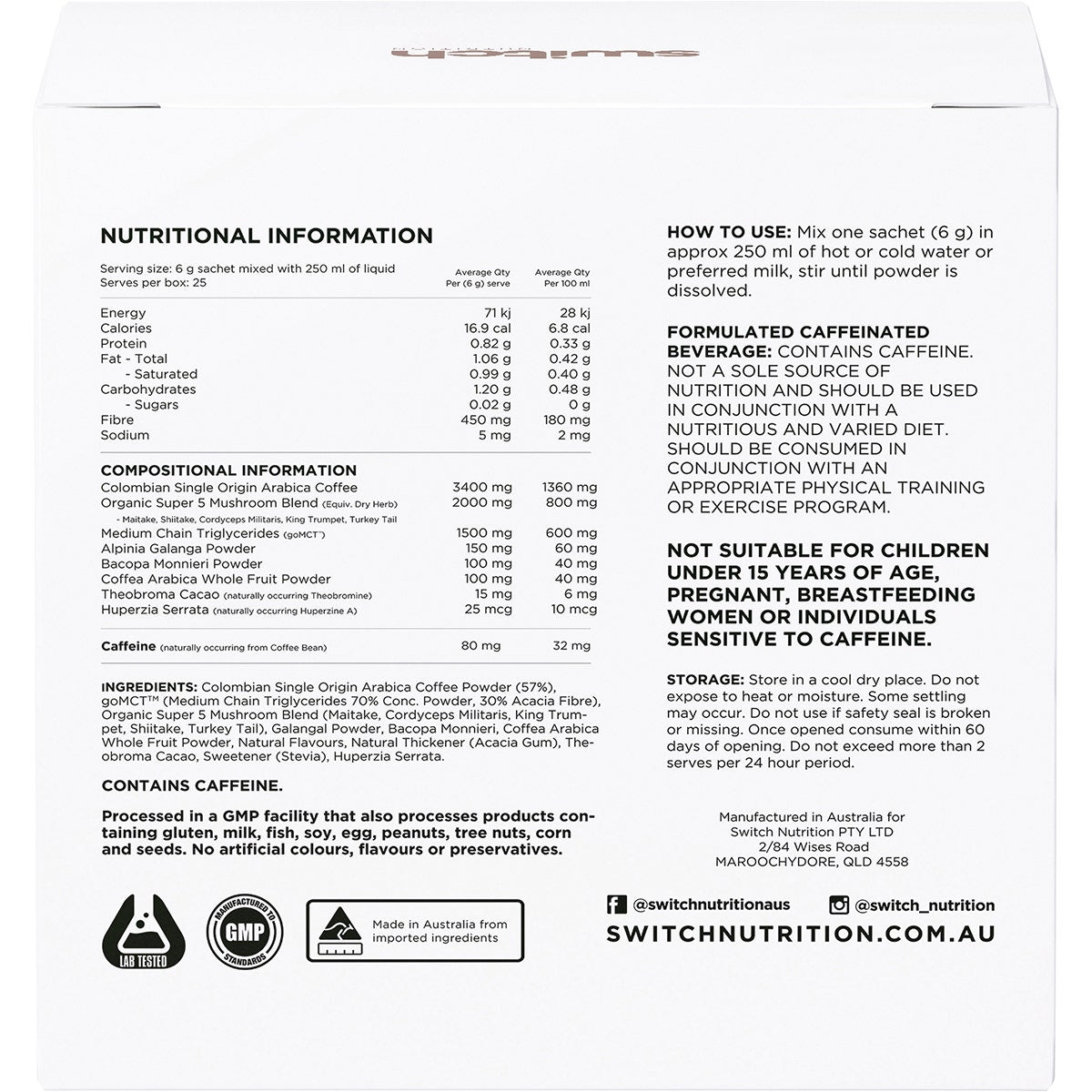 SWITCH NUTRITION Coffee Mental Focus Elixir Naked Espresso 25pk