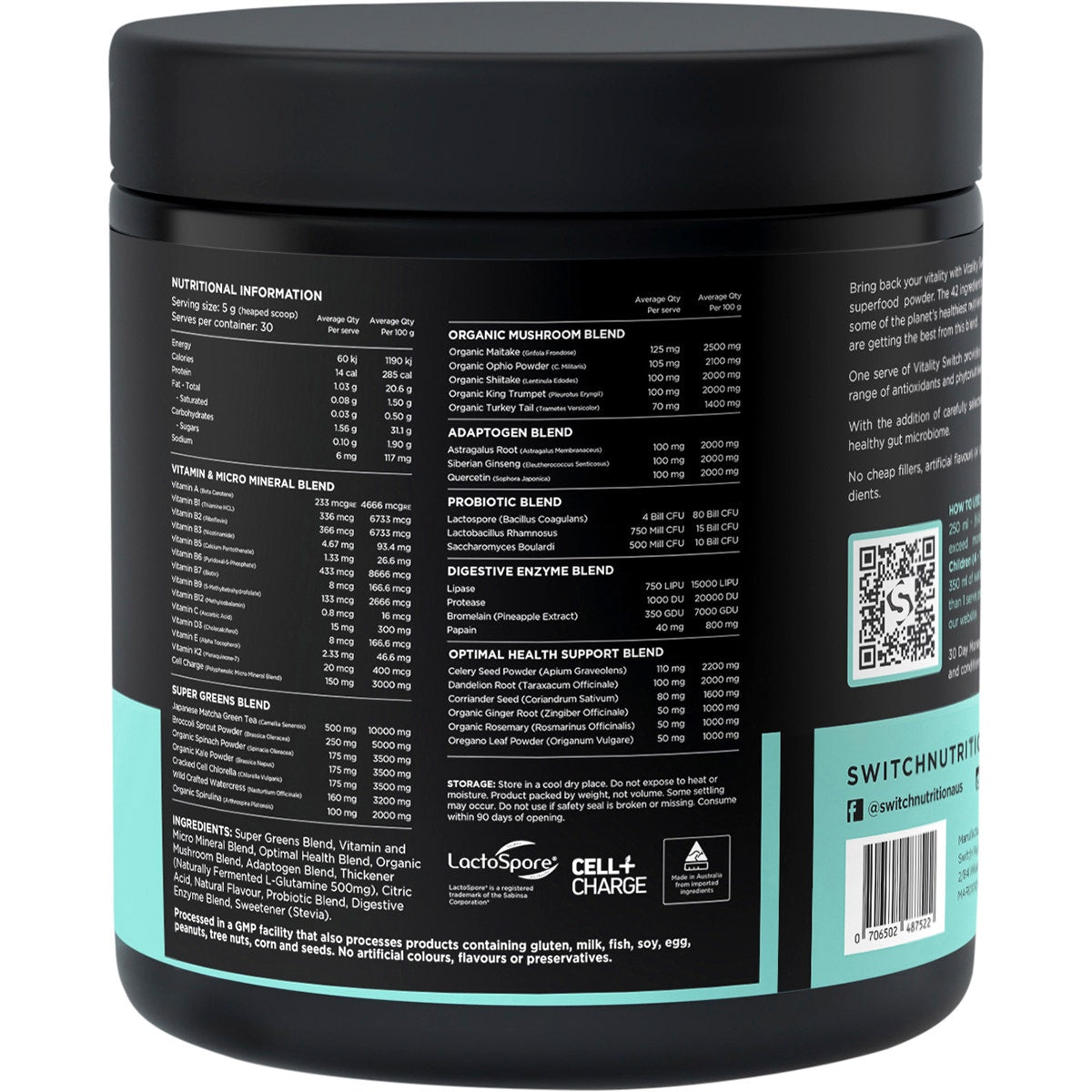 SWITCH NUTRITION Vitality Revitalising Greens Powder Mango Passionfruit 150g