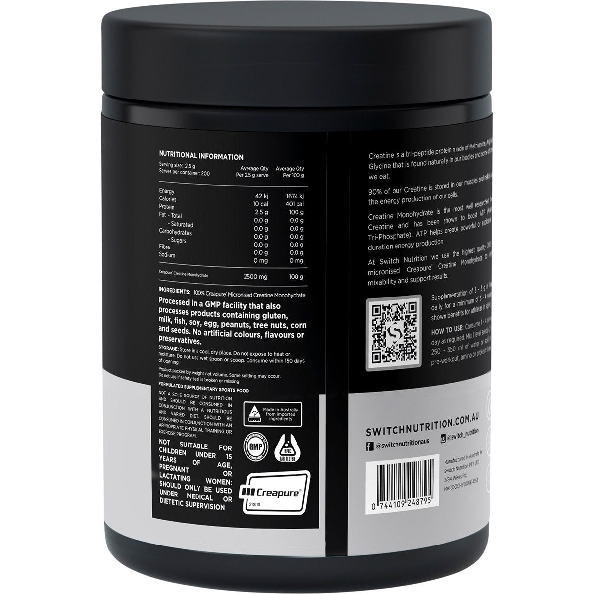 SWITCH NUTRITION Creatine 100% Pure Monohydrate Unflavoured 500g