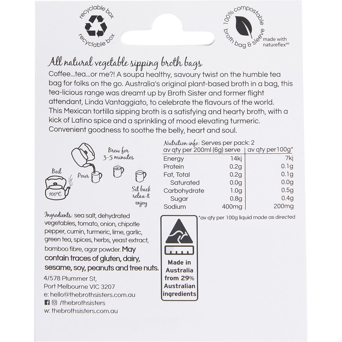THE BROTH SISTERS Vegetable Sipping Broth Bags Mexican Tortilla 2