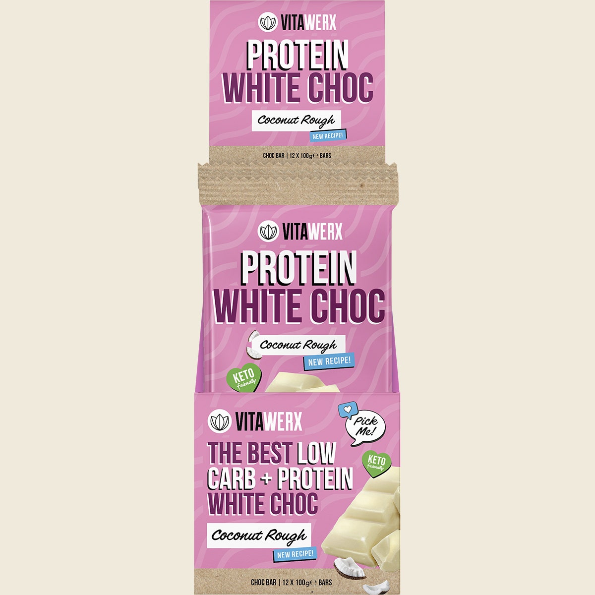 VITAWERX Protein White Chocolate Bar Coconut Rough 12x100g