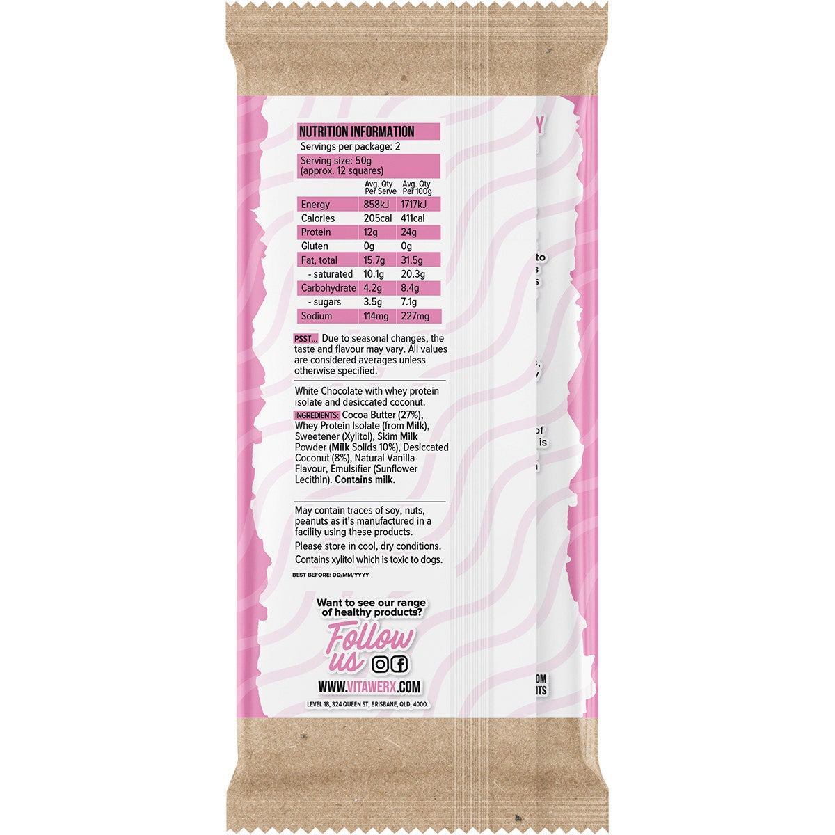 VITAWERX Protein White Chocolate Bar Coconut Rough 12x100g