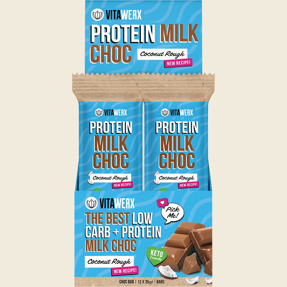 VITAWERX Protein Milk Chocolate Bar Coconut Rough 12x35g