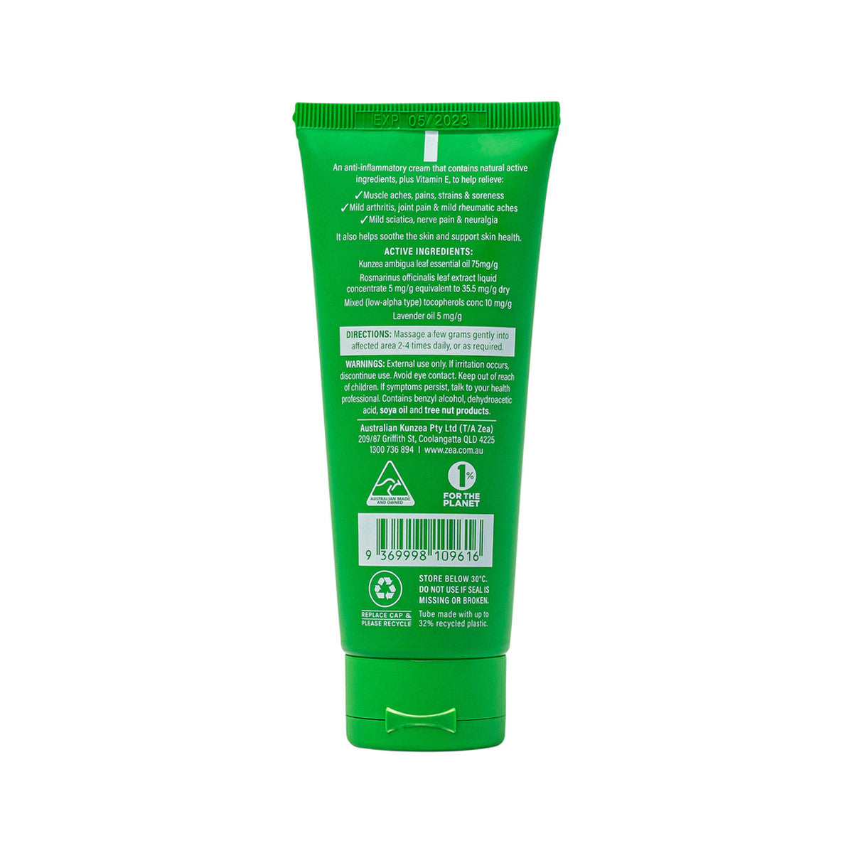Zea Relief Kunzea Pain Relief Cream (Kunzea, Rosemary, Lavender, Vitamin E) Tube 100g
