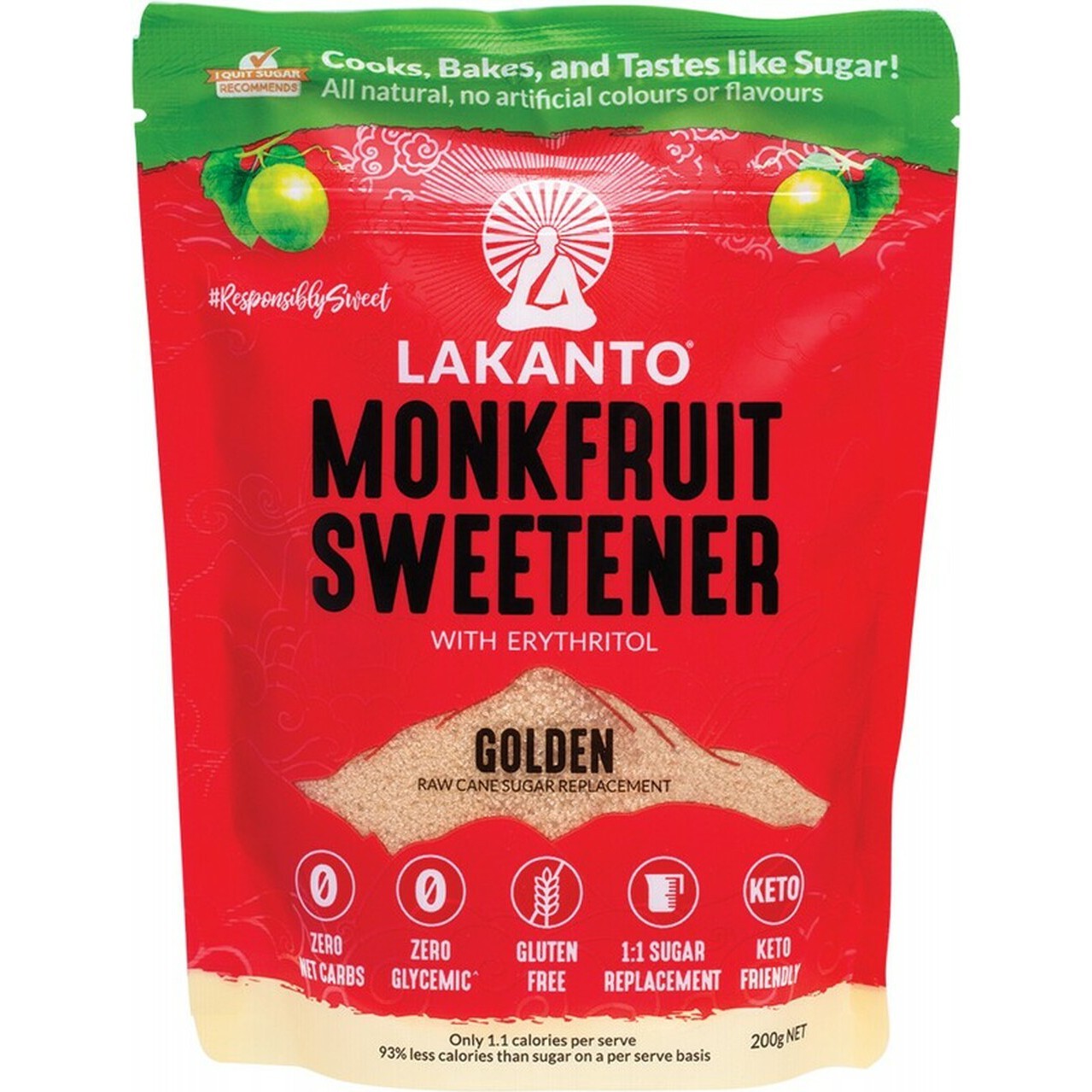 LAKANTO Golden - Monkfruit Sweetener Raw Cane Sugar Replacement 200g