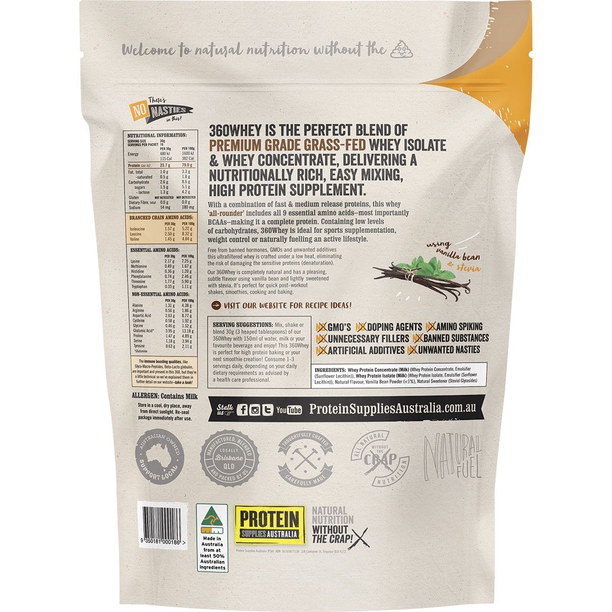 PROTEIN SUPPLIES AUSTRALIA 360Whey (WPI+WPC Combo) Vanilla Bean 500g