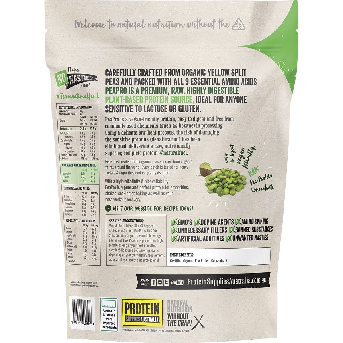 PROTEIN SUPPLIES AUSTRALIA PeaPro (Raw Pea Protein) Pure 500g