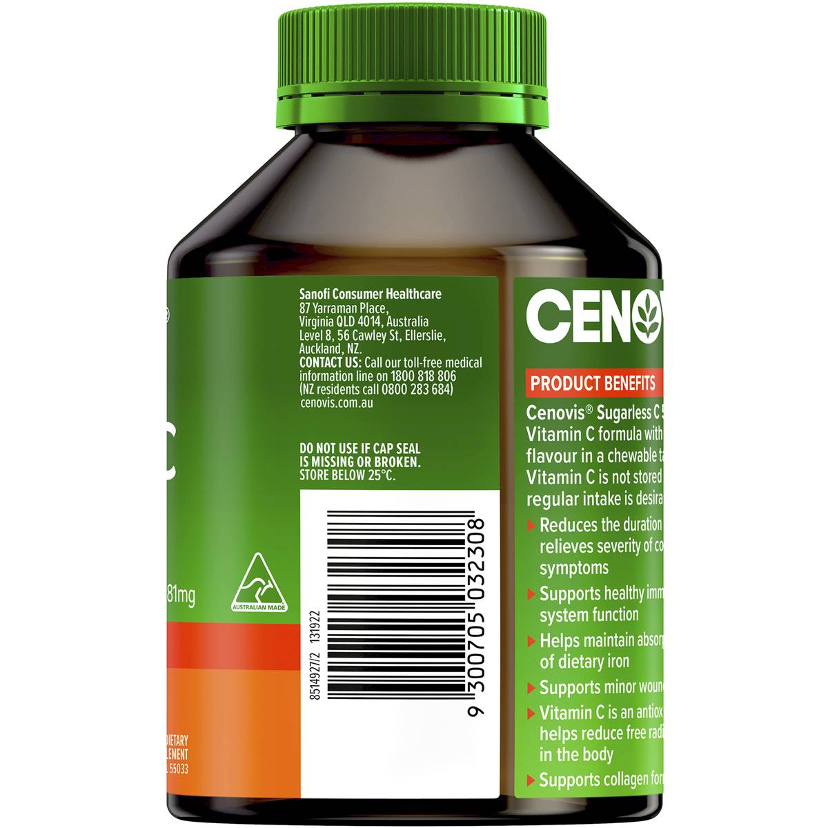 Cenovis Sugarless C 500mg Orange Flavour 300 Tablets