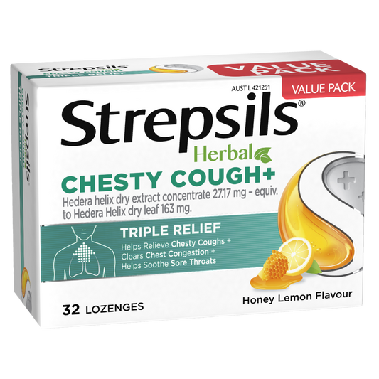 Strepsils Herbal Chesty Cough Honey Lemon Flavour 32 Lozenges