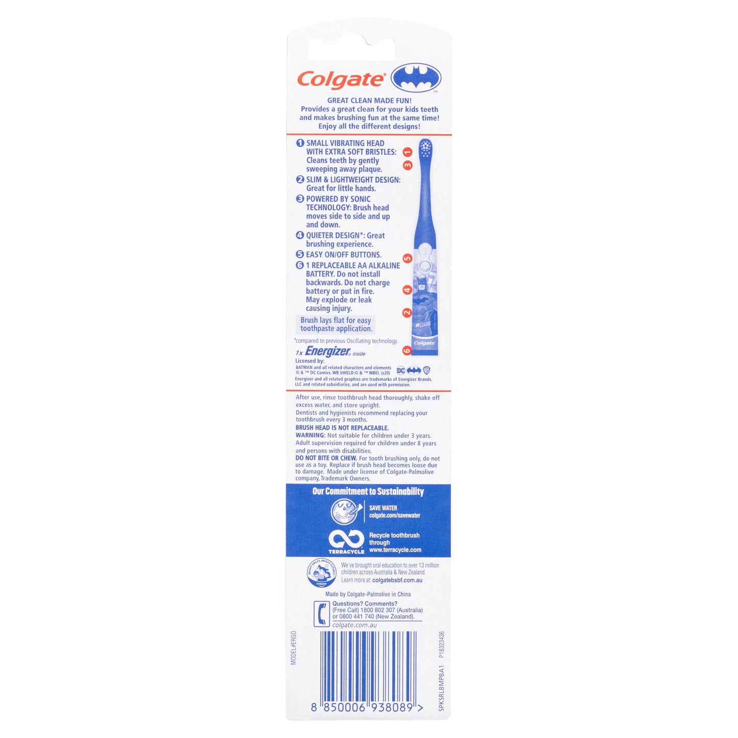 Colgate Toothbrush Kids Sonic Battery Batman & Barbie
