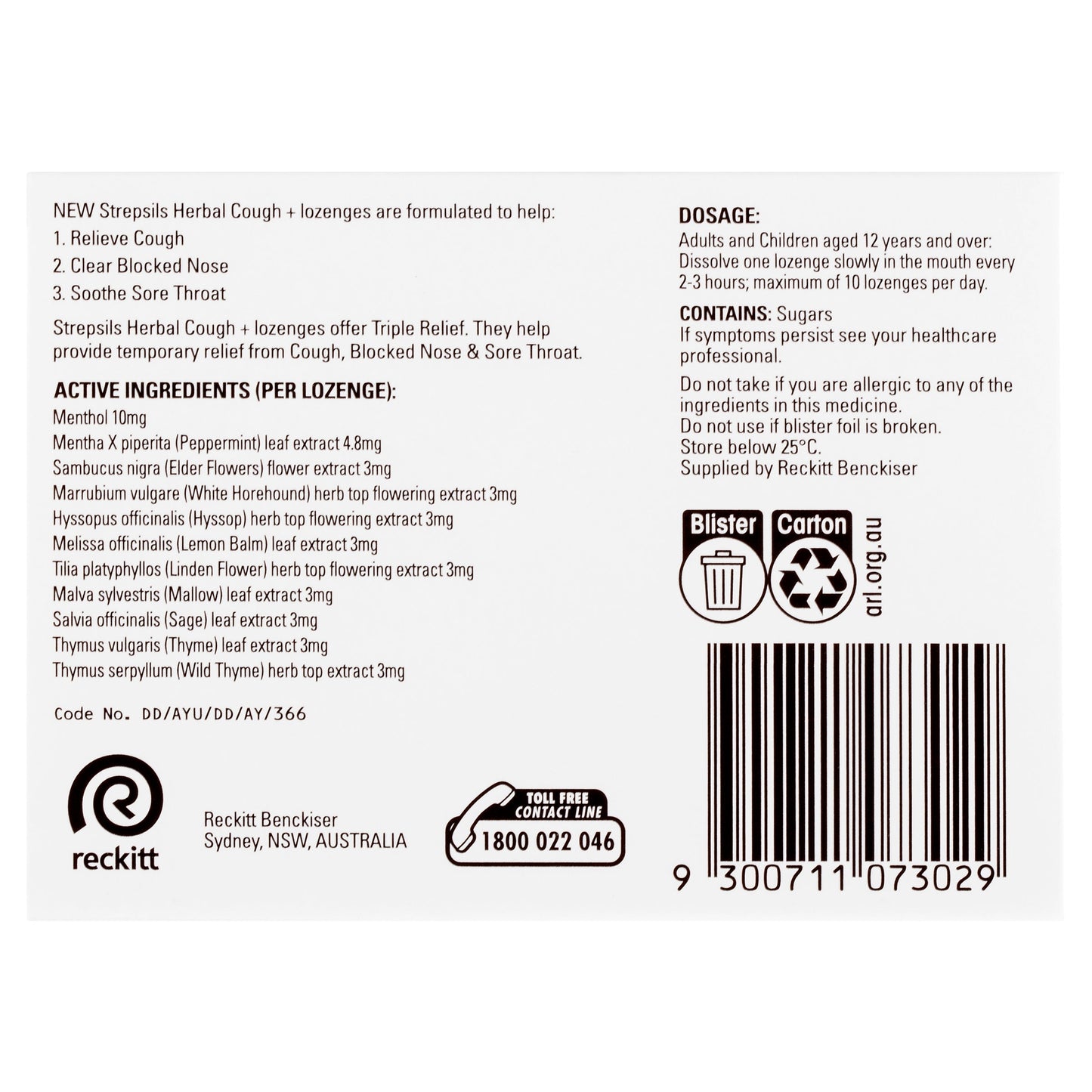 Strepsils Herbal Cough + Lozenges Fresh Menthol 16PK