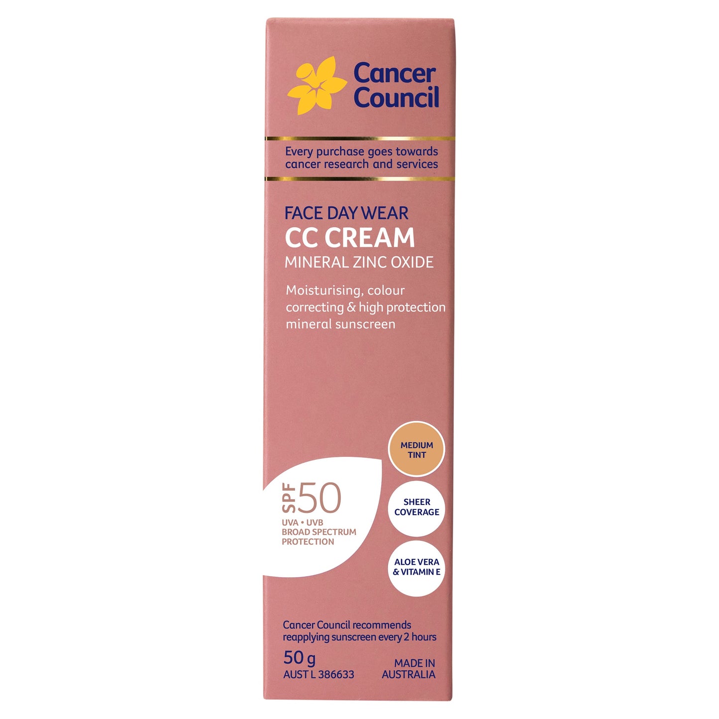 Cancer Council Mineral Zinc Oxide Face Day Wear SPF50 CC Medium Tint Cream 50g