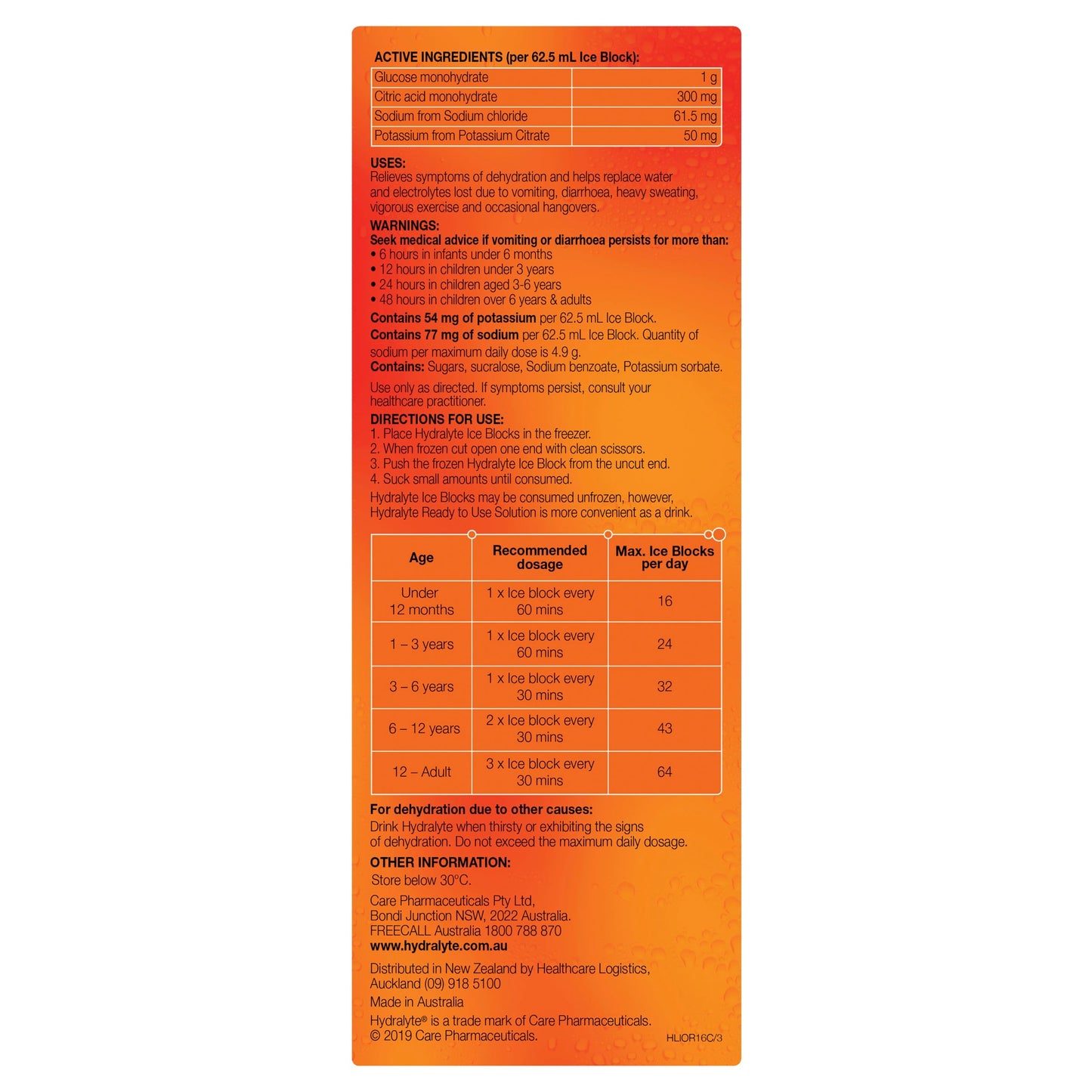 Hydralyte Rehydration Orange Flavoured Ice Blocks 16 Pack
