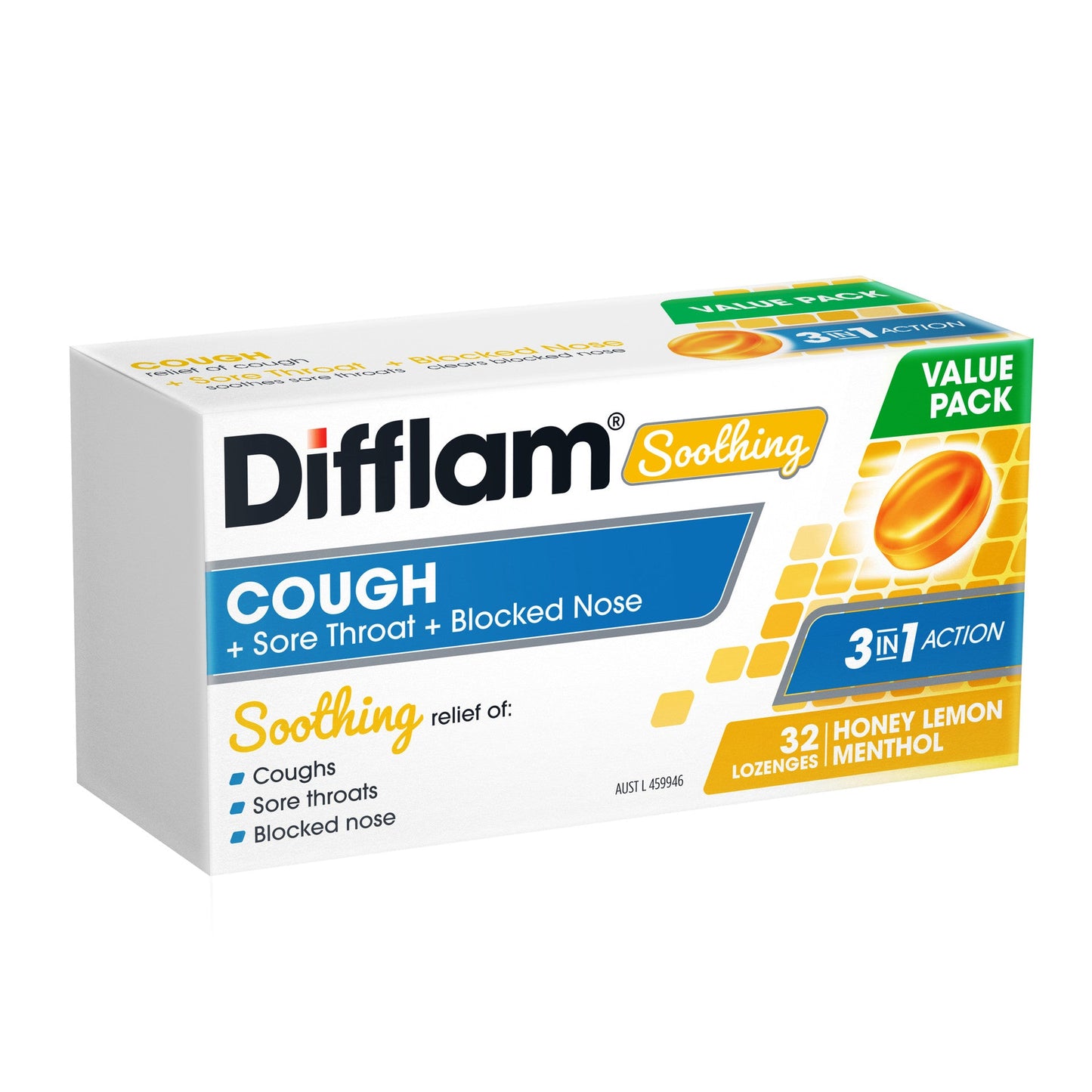 Difflam Soothing Cough + Sore Throat + Blocked Nose Honey Lemon Menthol 32 Lozenges