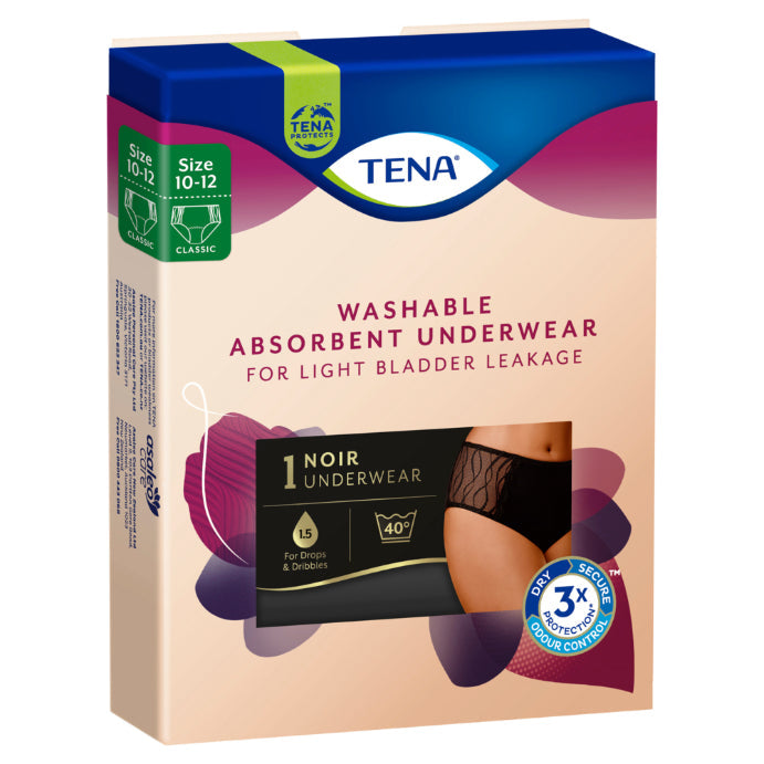 Tena Washable Absorbent Underwear Classic Black 10-12 1 Pack