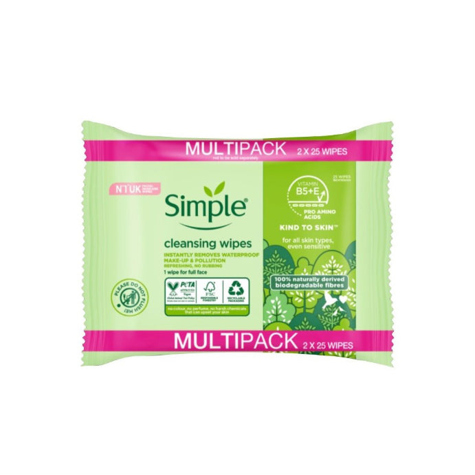 Simple Biodegradable Facial Wipes 2 X 25 Wipes