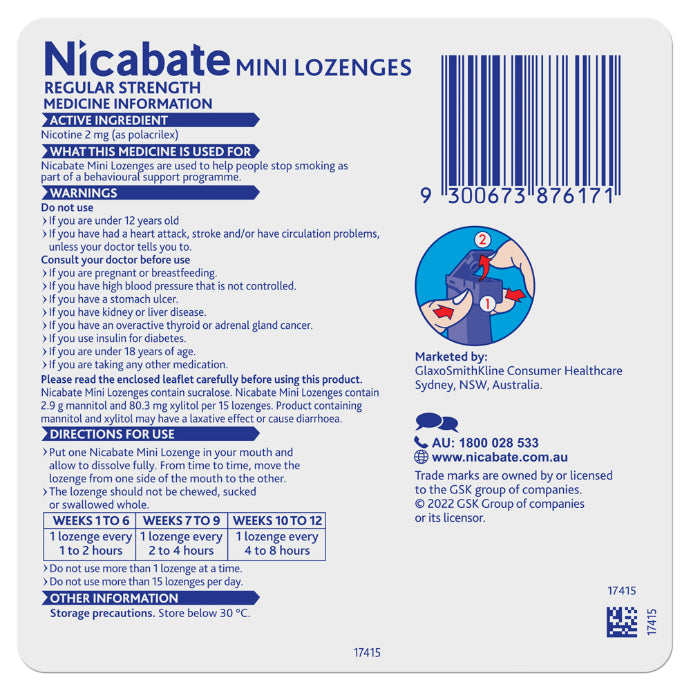 Nicabate Mini Lozenges Nicotine 2mg Regular Strength Mint 20 Lozenges
