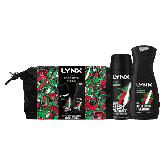Lynx Africa Duo Wash Bag Men's Gift Set Full-sized Body Spray, Body Wash & Wash Bag Travel Pack 3 Piece Set