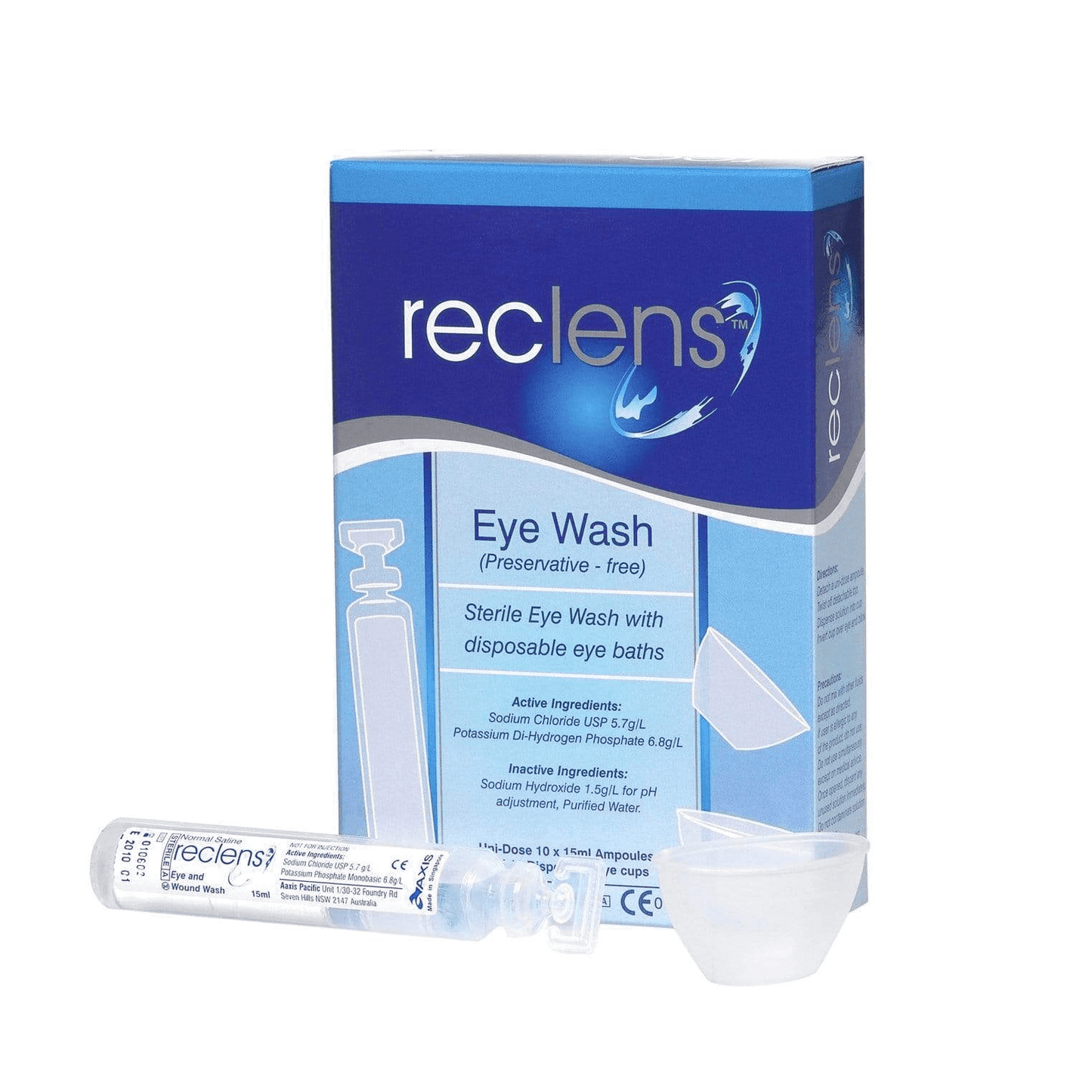Reclens Saline Eye Wash Preservative Free Ampoule 10 X 15ml + 10 Eye Cups