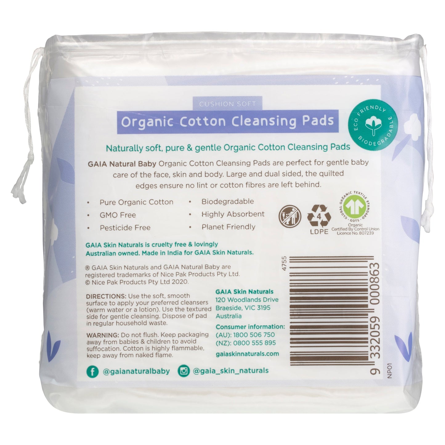 GAIA Natural Baby Organic Cotton Cleansing Pads 40PK