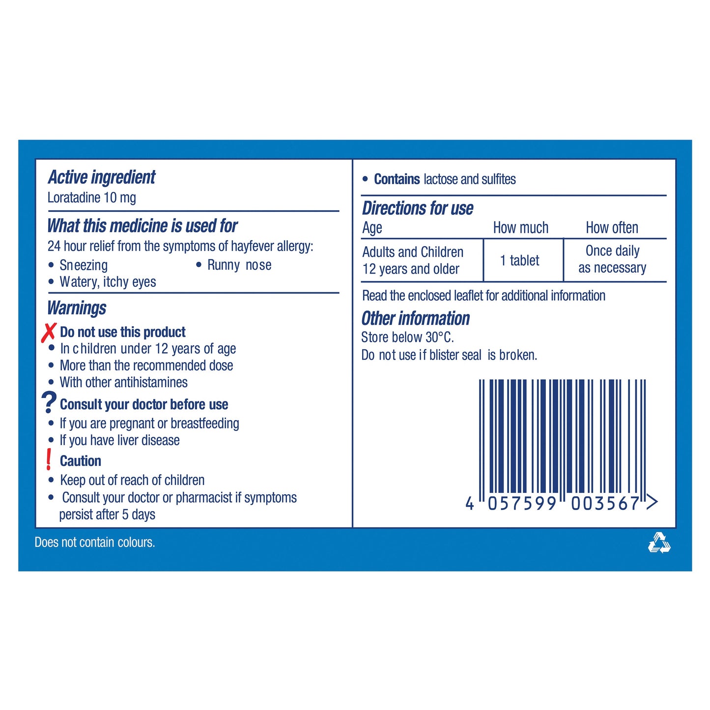 Claratyne Hayfever Allergy Relief Antihistamine 10 Tablets