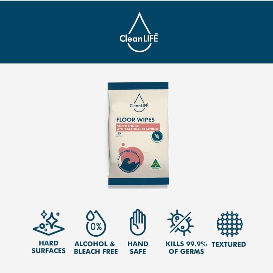 CLEANLIFE Floor Plastic Free Wipes Antibacterial Cleaning 25pk