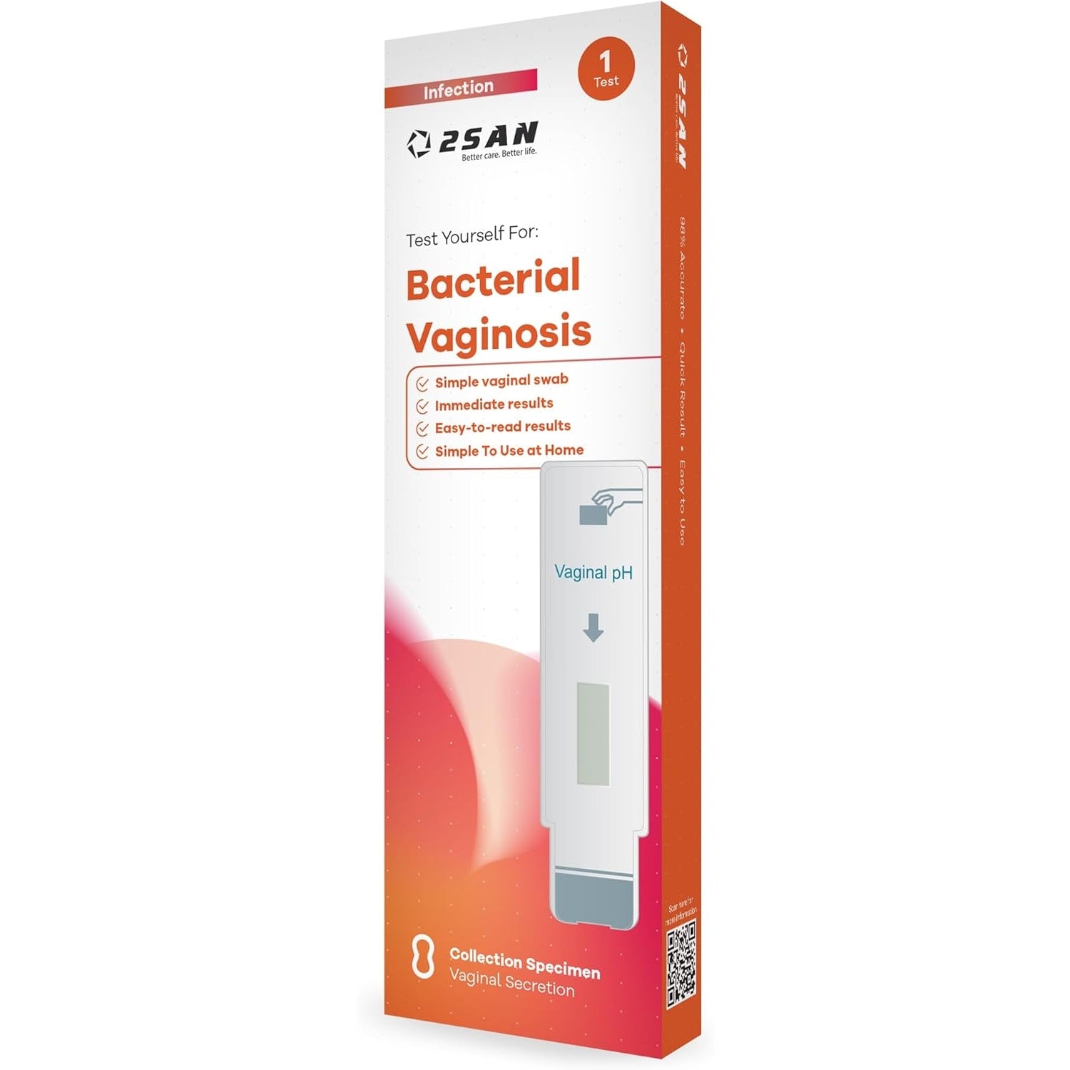 2SAN Vaginal pH Rapid Test Panel 1 Pack Vaginal Swab