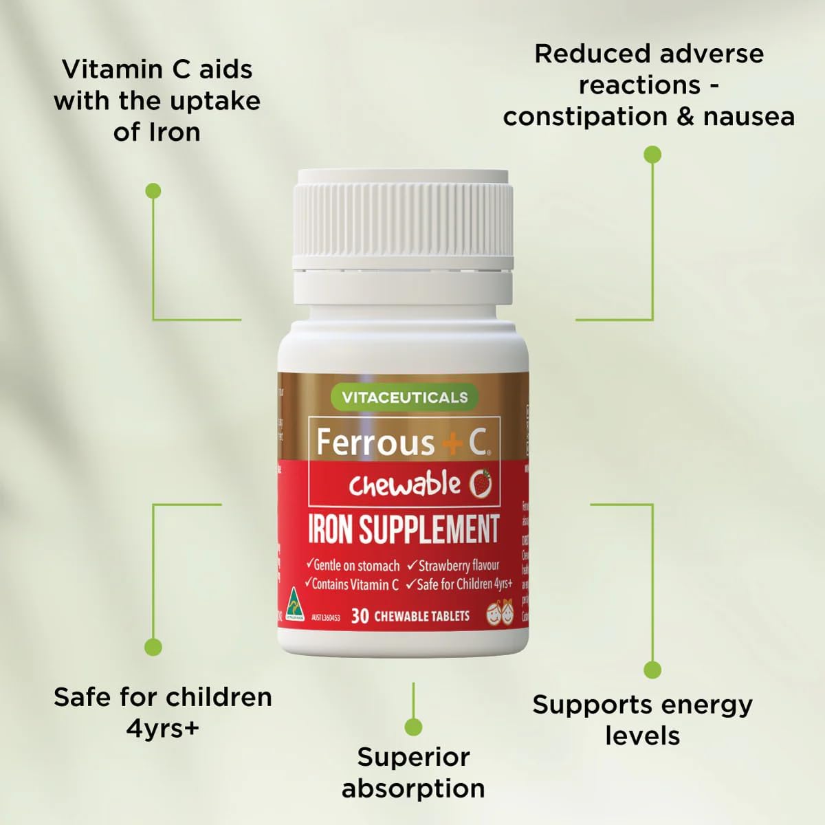 Vitaceuticals Ferrous + C Iron Supplement 30 Chewable Tablets