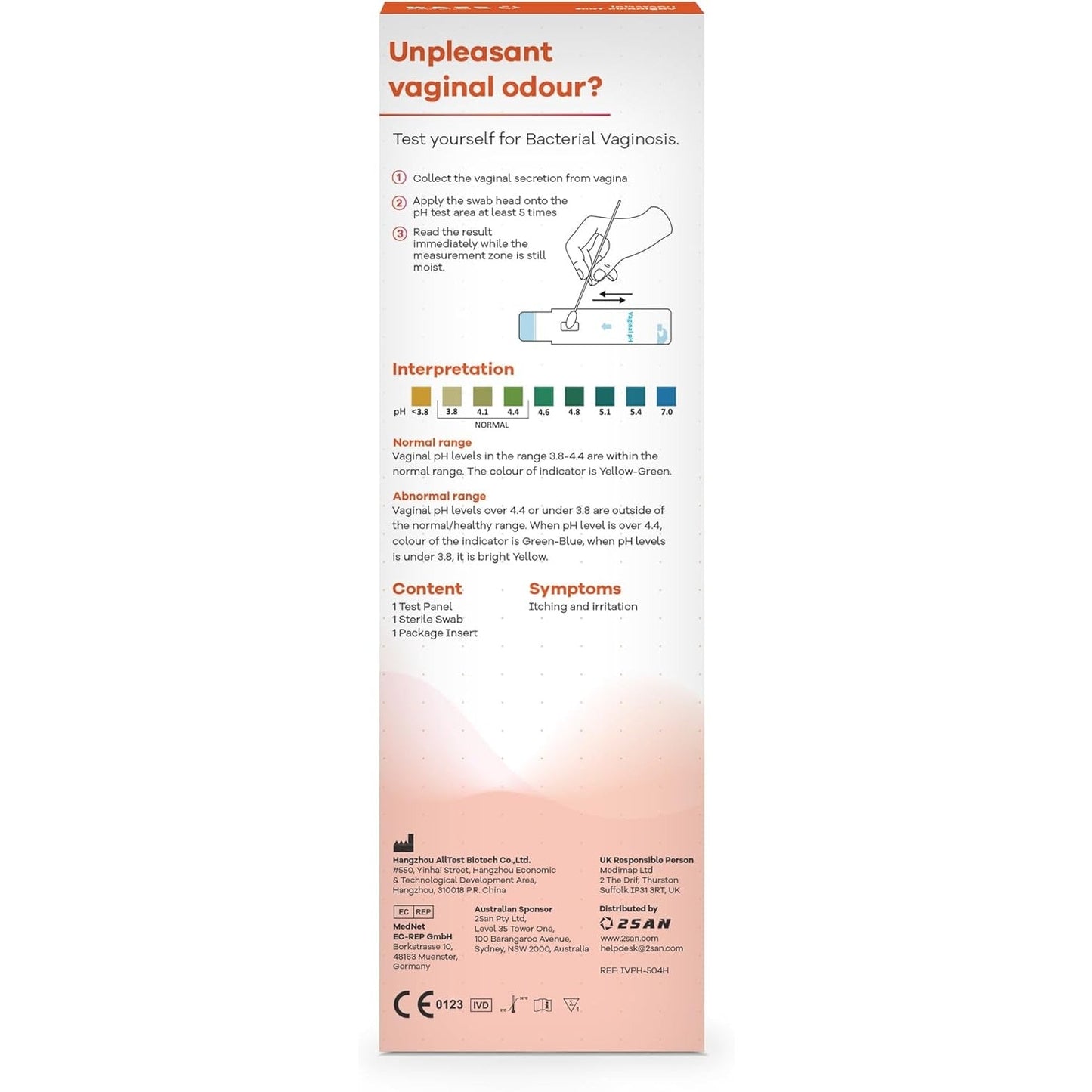 2SAN Vaginal pH Rapid Test Panel 1 Pack Vaginal Swab