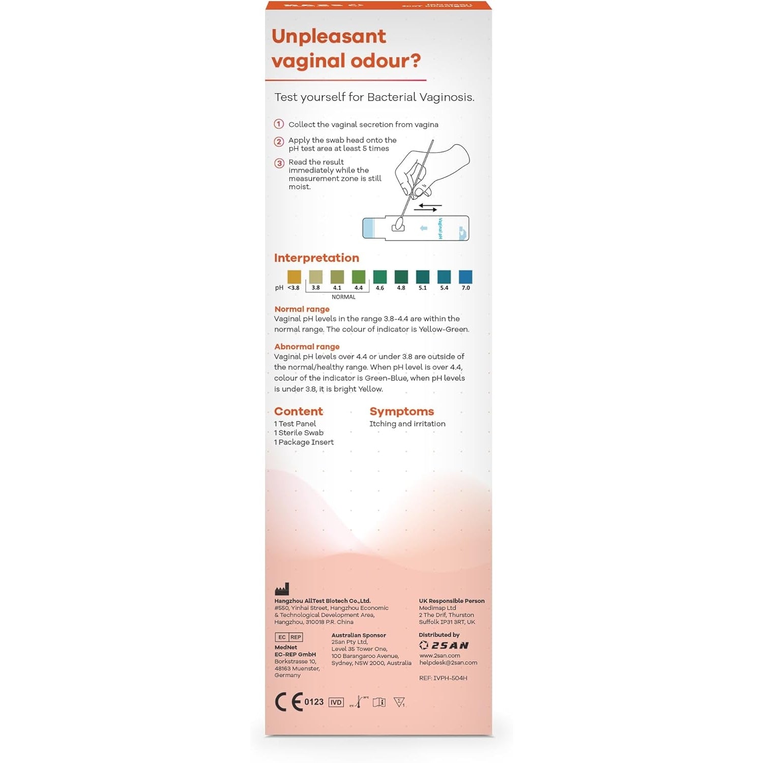 2SAN Vaginal pH Rapid Test Panel 1 Pack Vaginal Swab