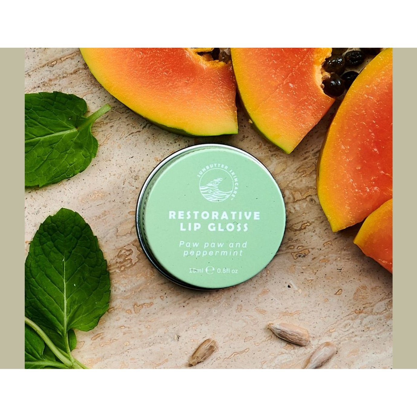 SunButter Skincare Lip Gloss Restorative Paw Paw and Peppermint 15ml