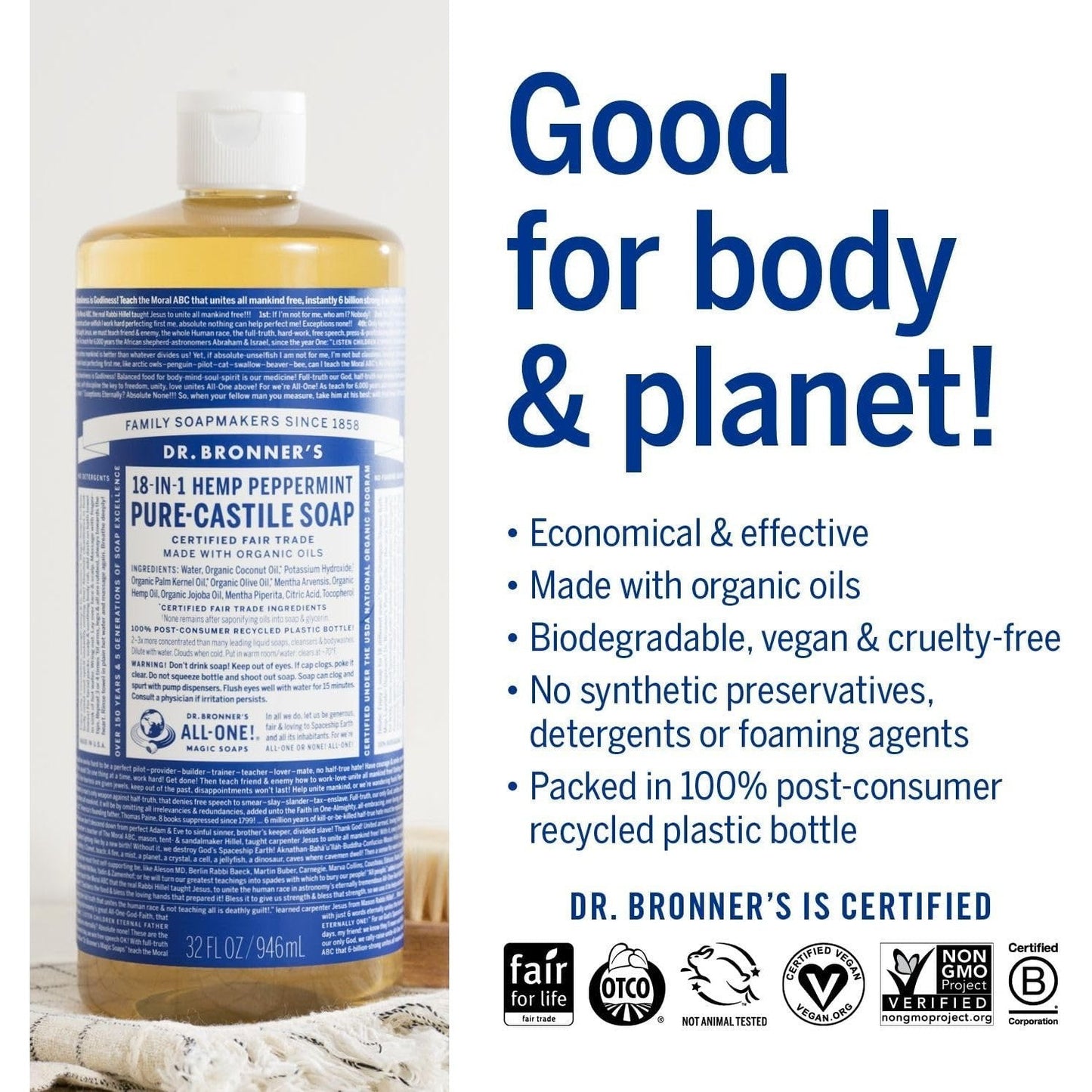 Dr. Bronner's Pure-Castile Soap Liquid (Hemp 18-in-1) Peppermint 946ml